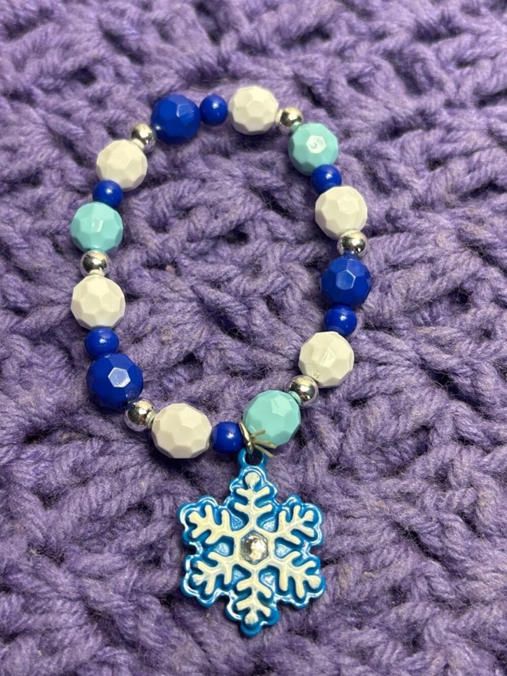 Christmas Snowflake Charm Stretch Bracelet White Blue Beads